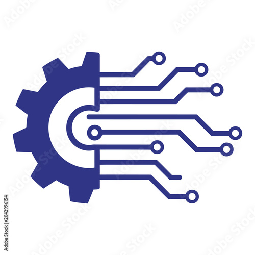 Obraz na plátne Blue gear with circuit board lines and dots technology symbol icon