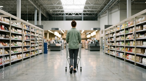 Young woman pushing a shopping cart through a large supermarket aisle.