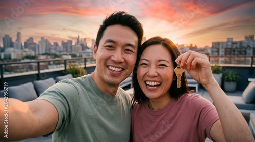 Happy Asian couple holding new home key taking selfie on city rooftop.