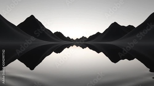 Minimalist black mountains reflecting in calm water at dawn