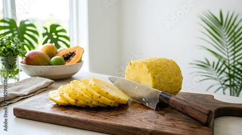 Fresh pineapple preparation sliced tropical fruit on wooden cutting board