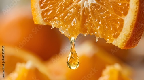 Fresh mandarin orange slice with dropping juice close up citrus detail
