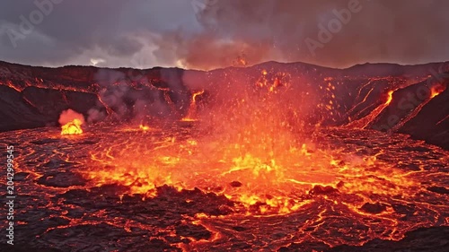 Molten lava lake erupting in volcanic crater at dusk