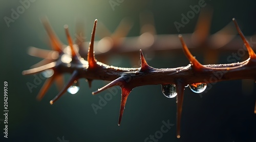 A close up view of a thorny branch with dew drops sparkling in the warm light of early morning sun.
