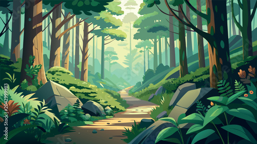 Scenic forest path winding through lush green trees with warm sunlight filtering through the canopy, vector illustration