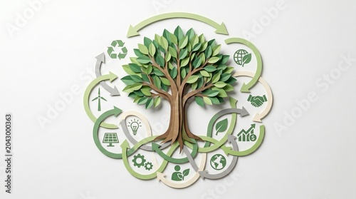 Eco-friendly cycle of nature and sustainable resources around a vibrant green tree illustration