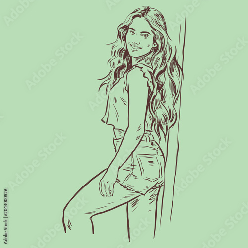 a long hair girl posing with short jeans vector for illustration card decoration