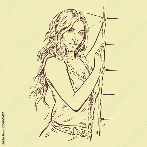 a long hair girl in short jeans posing vector for illustration, decoration, card