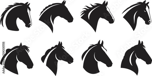 Foto Horse head silhouette vector set, 8 black stallion profile icons, equestrian ani