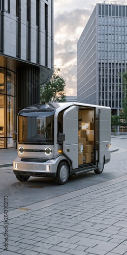 Autonomous electric delivery van transporting parcels in a modern city street, representing future urban logistics and e commerce