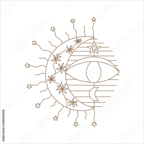 Mystical celestial eye line art featuring a crystal, moon phases, and stars. A Bohemian esoteric vector illustration perfect for tarot cards, fortune telling, astrological imagery, divination and more