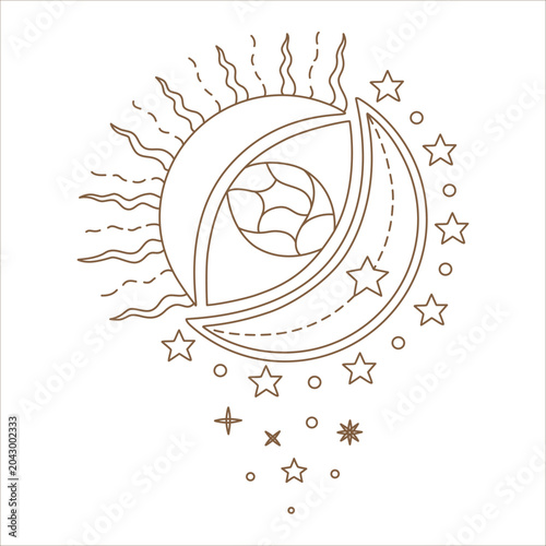 Mystical celestial eye line art featuring a crystal, moon phases, and stars. A Bohemian esoteric vector illustration perfect for tarot cards, fortune telling, astrological imagery, divination and more