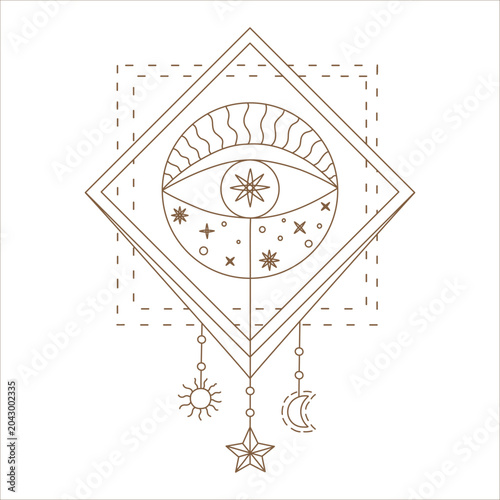 Mystical celestial eye line art featuring a crystal, moon phases, and stars. A Bohemian esoteric vector illustration perfect for tarot cards, fortune telling, astrological imagery, divination and more