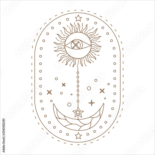 Mystical celestial eye line art featuring a crystal, moon phases, and stars. A Bohemian esoteric vector illustration perfect for tarot cards, fortune telling, astrological imagery, divination and more