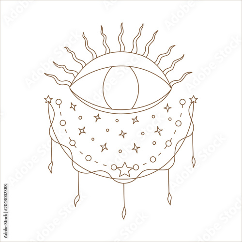 Mystical celestial eye line art featuring a crystal, moon phases, and stars. A Bohemian esoteric vector illustration perfect for tarot cards, fortune telling, astrological imagery, divination and more