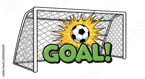 Cartoon soccer ball flying into goal net with explosion and green goal text isolated on transparent background