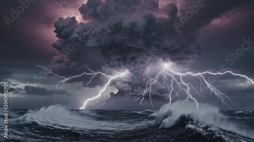 Ominous storm cloud over turbulent dark ocean waves at twilight