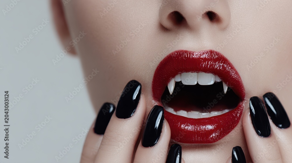 Obraz premium Sexy Vampire Woman lips with blood,Dripping blood on mouth, witches or beast creatures,female lips with fangs,horror holiday monsters,Vampire makeup Fashion Art design,Halloween banner background.