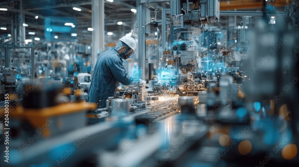 Fototapeta premium Engineer Working on Smart Manufacturing Line with Digital Interface and Automation Sparks