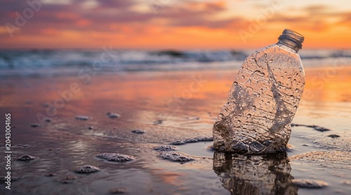 Plastic water bottle discarded on beach shore at sunset.