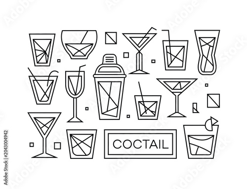 Fotografie Geometric cocktail icons set featuring abstract line art alcohol glasses shaker
