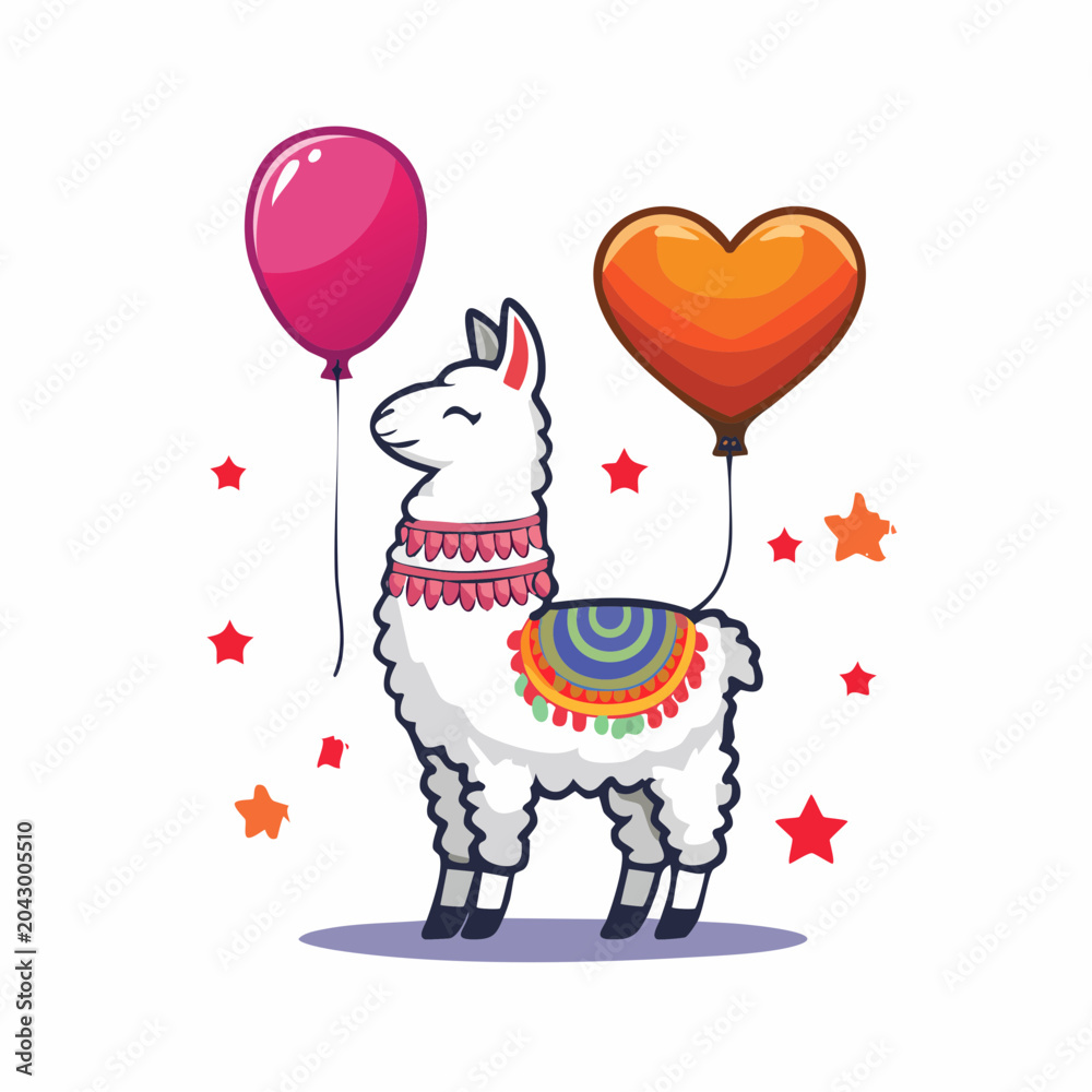 Naklejka premium Cute Llama with Balloons and Stars
