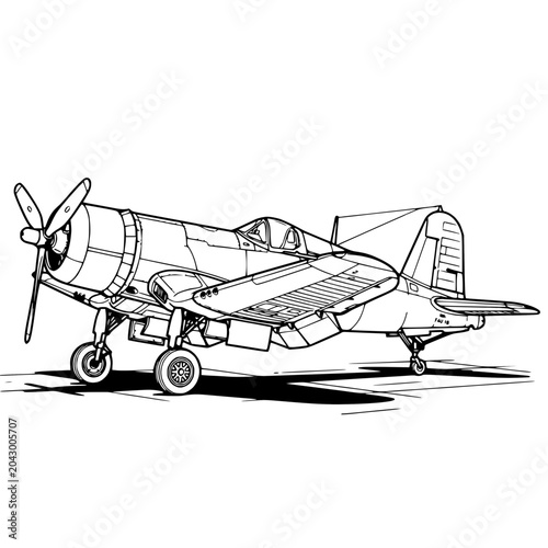 Billede på lærred F4U Corsair WWII Fighter Plane Black and White Vector Graphic for Aviation Desig