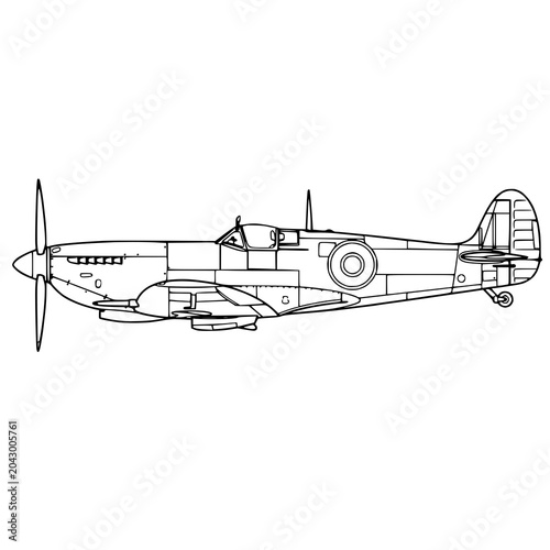 Valokuva Supermarine Spitfire WWII Fighter Plane Black and White Side Profile Vector Icon