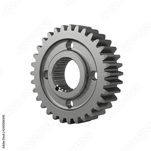 Metallic spur gear with splined bore and bolt holes 3D rendered