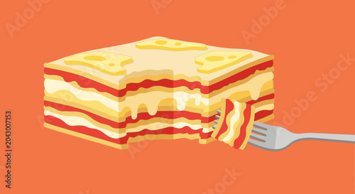 Foto Delicious Lasagna Slice with Fork on Orange Background, Italian Food Illustratio