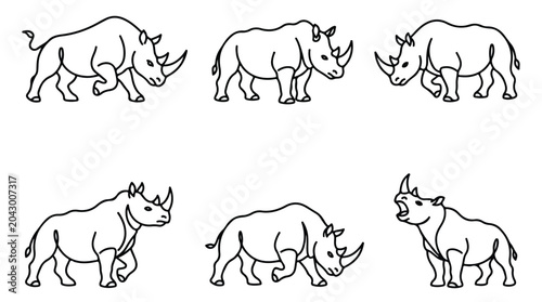 Foto Minimalist rhinoceros line art collection, set of 6 rhino vector icons in variou