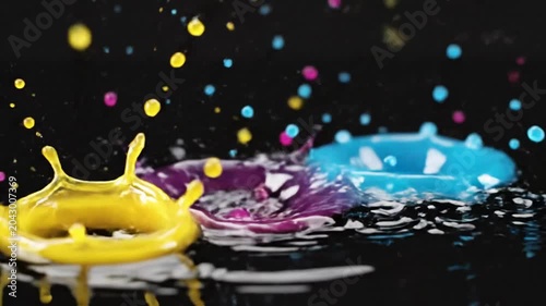 Pink liquid splash crown on black surface with falling blue drops