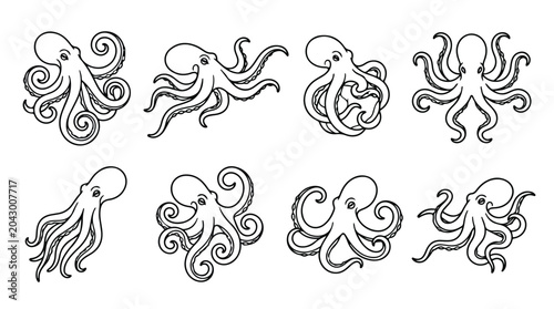 Quadro su tela Vintage octopus line art set, 8 hand drawn sea creature icons, black and white n