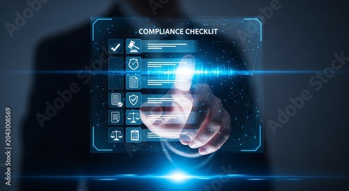 Legal compliance checklist on a futuristic digital touch interface with icons