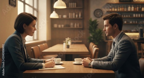 Formal pair at cafe table, conversing, cups, light, shelves, plants in background