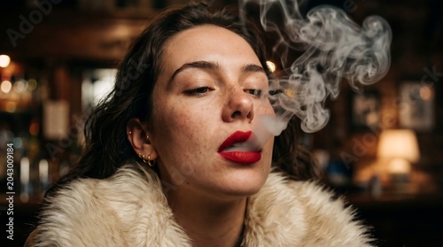 Woman exhaling smoke from mouth in dimly lit bar, close-up shot