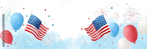 Independence day banner background with waving american flags balloons and fireworks for 4th of july celebration design