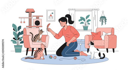 Young woman enjoys her free time at home playing with three cats on a rug in a living room filled with furniture and plants.