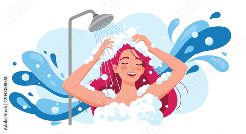 Beautiful woman with long red hair washes her head in the shower with plenty of soap bubbles and water splashes around her.