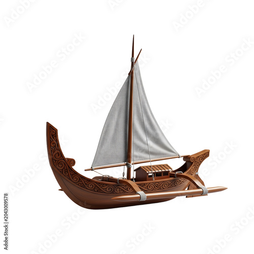 Traditional wooden outrigger canoe model with intricate carvings
