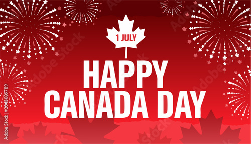 Happy canada day celebration with fireworks and maple leaves on red background