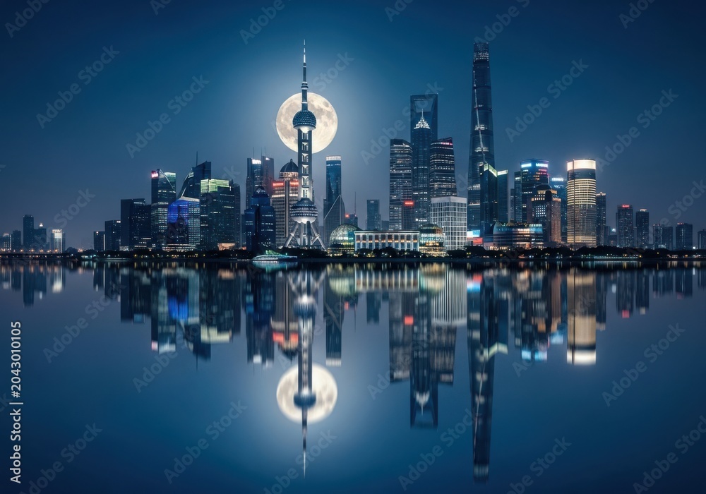 Naklejka premium Shanghai city skyline with modern skyscrapers and night lights reflecting on the calm water surface at night