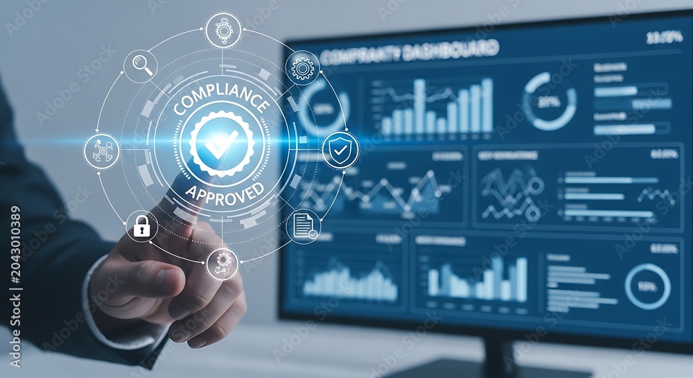 Fototapeta premium Compliance approved holographic seal with business dashboard and data analytics on computer monitor background