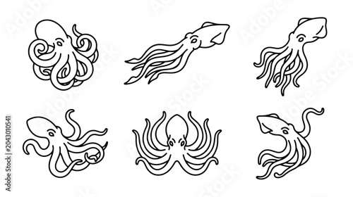 Bild auf Leinwand Minimalist octopus and squid line art icons, set of 6 marine cephalopod vector i