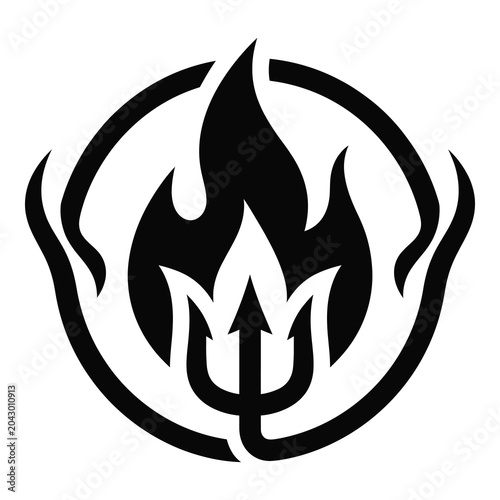 Canvastavla Black devil flame icon symbol with circle and trident  devilish fire logo icon