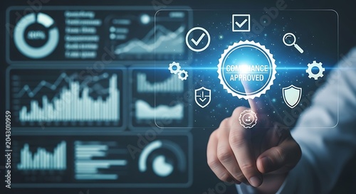 Business Compliance Approved Seal on Virtual Reality Data Analytics Dashboard for Corporate Governance