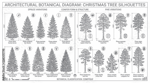 Photos Christmas Tree Silhouettes: Botanical Diagram of Pine and Spruce Variations