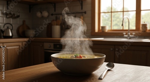 Steaming bowl of soup on a wooden table in a warm, inviting kitchen