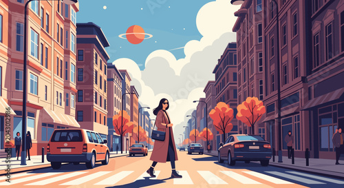 Stylish woman walks across a city street crosswalk with tall buildings and a large colorful planet visible in the bright sky.