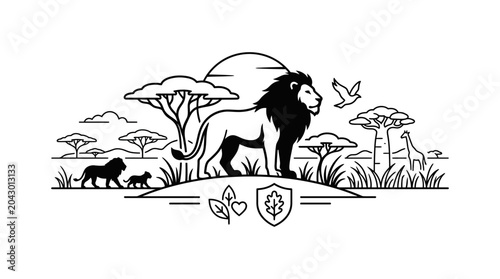 Photography African Safari Landscape with Lion Family